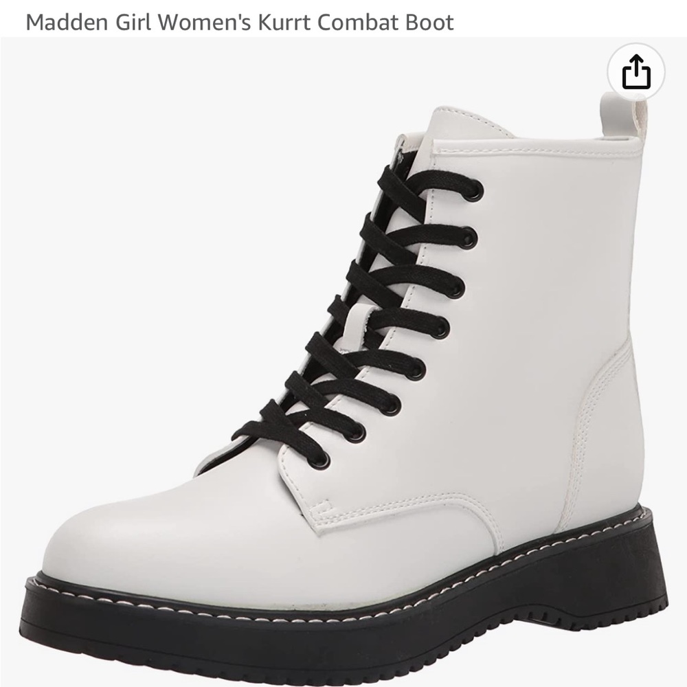 Madden Girl Woman’s Kurrt Combat Boots. Women’s size 7. White with black soles.